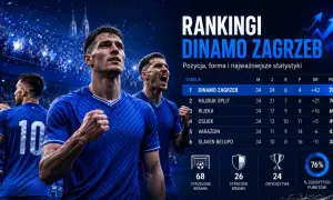 Piłkarze Dinamo Zagrzeb świętują zwycięstwo. Tabela ligowa pokazuje ich dominację, z 78 punktami i 24 wygranymi.