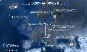 Mapa Europy z zaznaczonymi ścieżkami polskich drużyn w eliminacjach do pucharów europejskich: Ligi Mistrzów i Ligi Konferencji.
