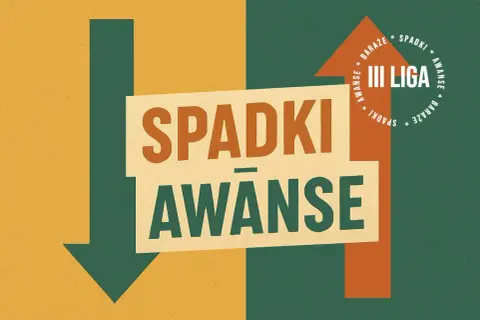Grafika symbolizująca spadki i awanse w rozgrywkach III ligi. Strzałki w dół i w górę, napisy "Spadki" i "Awanse".