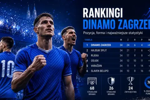 Piłkarze Dinamo Zagrzeb świętują zwycięstwo. Tabela ligowa pokazuje ich dominację, z 78 punktami i 24 wygranymi.
