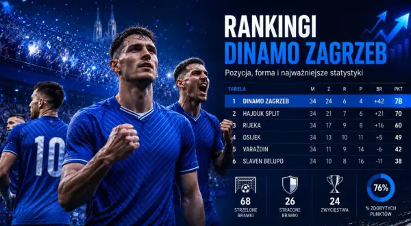 Piłkarze Dinamo Zagrzeb świętują zwycięstwo. Tabela ligowa pokazuje ich dominację, z 78 punktami i 24 wygranymi.