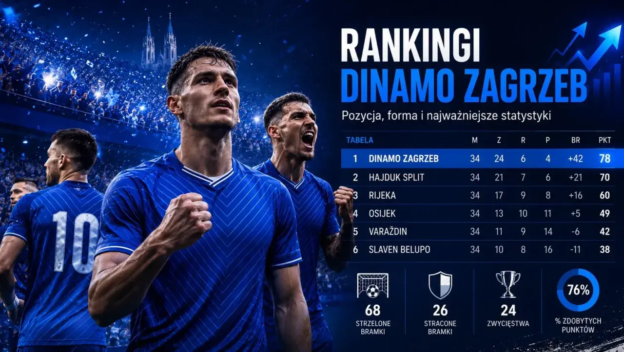 Piłkarze Dinamo Zagrzeb świętują zwycięstwo. Tabela ligowa pokazuje ich dominację, z 78 punktami i 24 wygranymi.