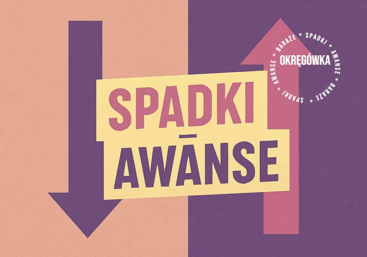 Grafika z napisem "Spadki Awans" i strzałkami. Dyskutujemy, ile drużyn awansuje z 2. ligi do 1. ligi.