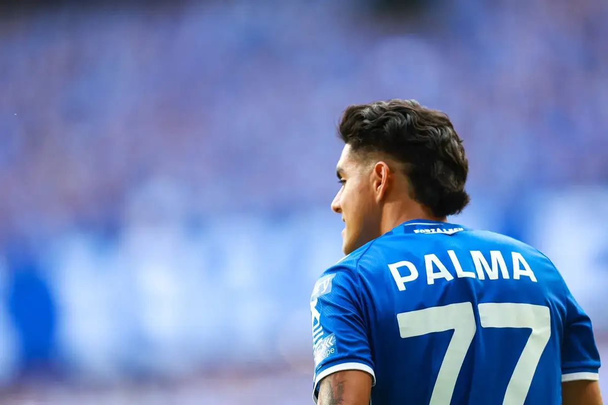 Piłkarz Luis Palma w niebieskiej koszulce z numerem 77, odwrócony tyłem do widza, na tle rozmytego stadionu.