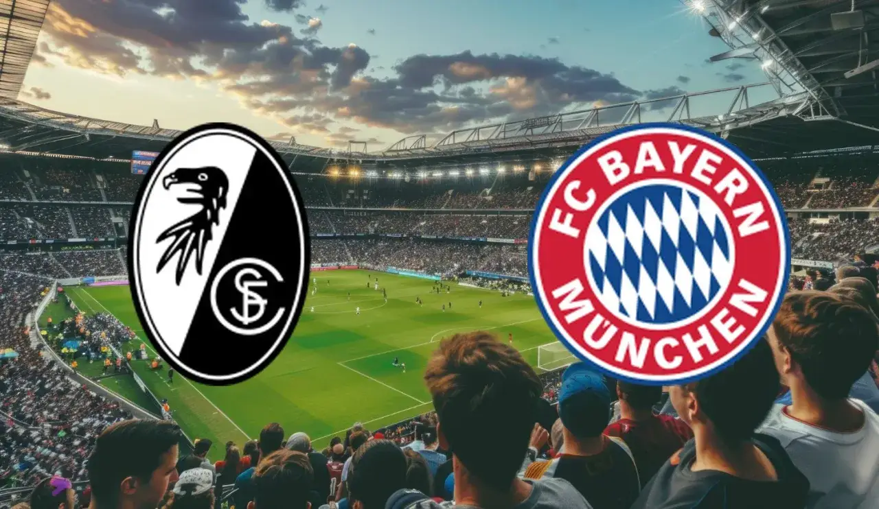 Emblematy Bayern Monachium i SC Freiburg na tle stadionu. Kibice czekają na emocjonujący mecz Bayern – Freiburg.