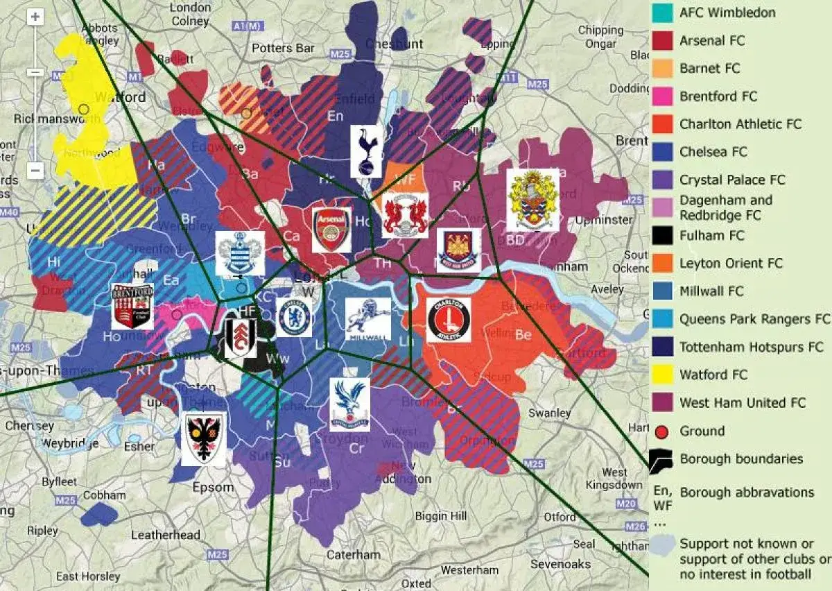 Mapa Londynu z zaznaczonymi terytoriami kibiców angielskich klubów piłkarskich z Londynu, m.in. Arsenalu, Chelsea i Tottenhamu.
