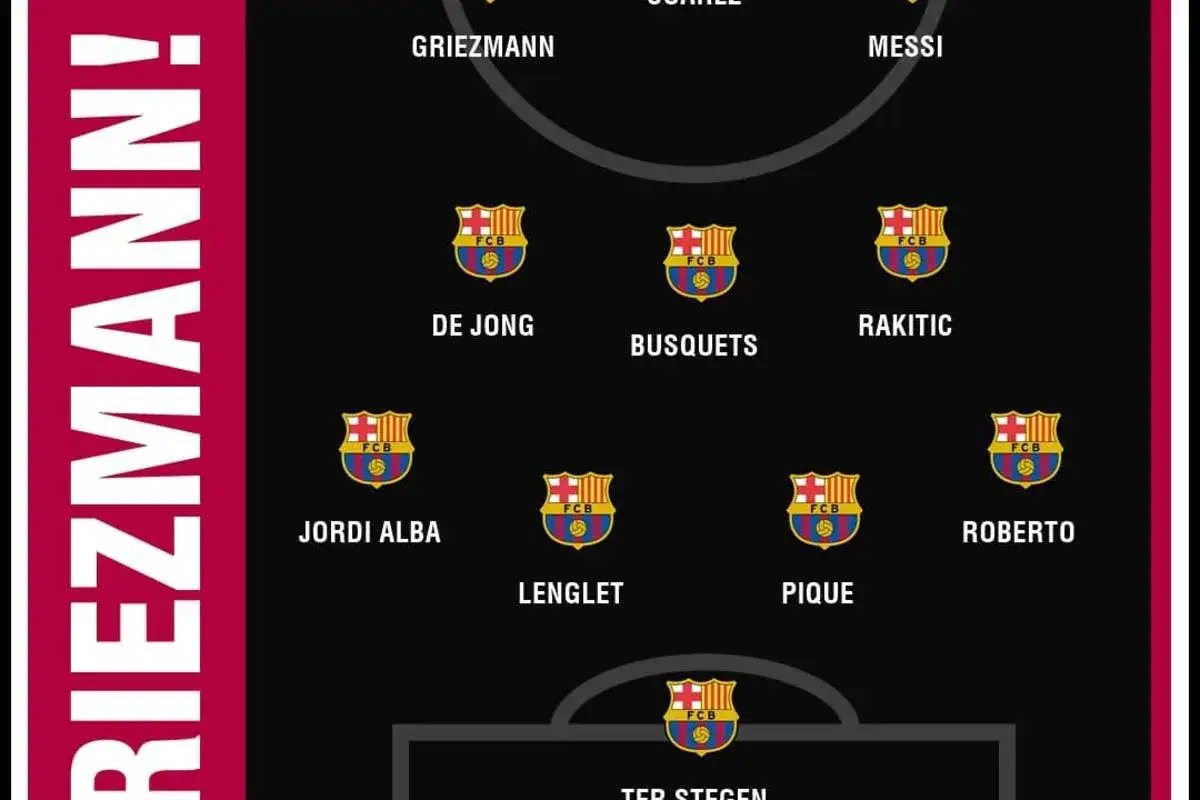 FC Barcelona - skład: Griezmann, Messi, De Jong, Busquets, Rakitić, Jordi Alba, Lenglet, Pique, Roberto, Ter Stegen.