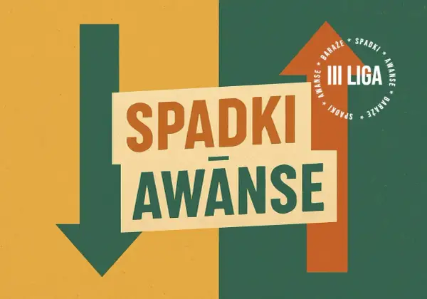 Grafika symbolizująca spadki i awanse w rozgrywkach III ligi. Strzałki w dół i w górę, napisy "Spadki" i "Awanse".