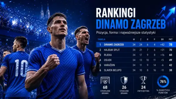 Piłkarze Dinamo Zagrzeb świętują zwycięstwo. Tabela ligowa pokazuje ich dominację, z 78 punktami i 24 wygranymi.